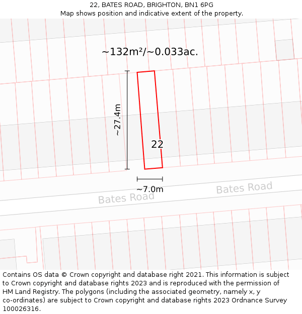 22, BATES ROAD, BRIGHTON, BN1 6PG: Plot and title map