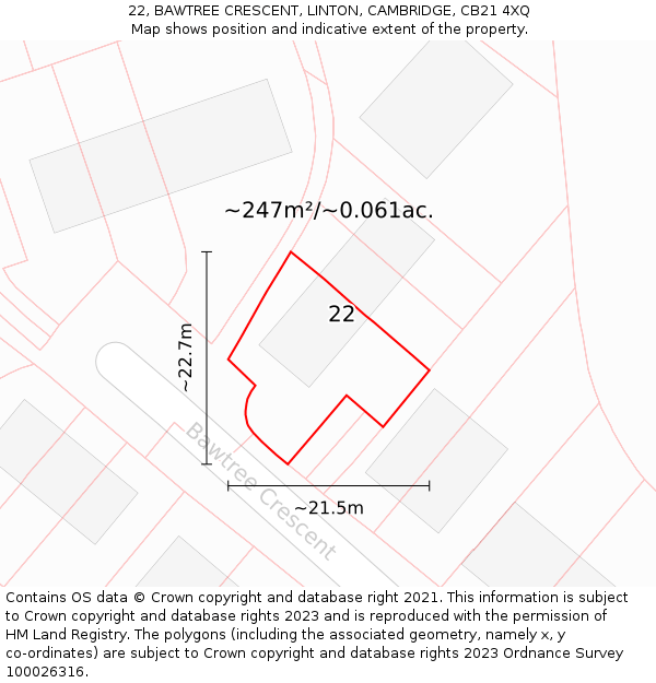 22, BAWTREE CRESCENT, LINTON, CAMBRIDGE, CB21 4XQ: Plot and title map
