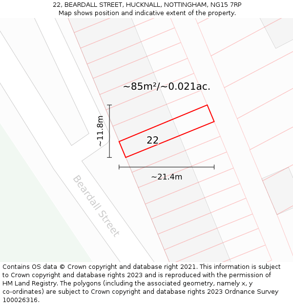 22, BEARDALL STREET, HUCKNALL, NOTTINGHAM, NG15 7RP: Plot and title map