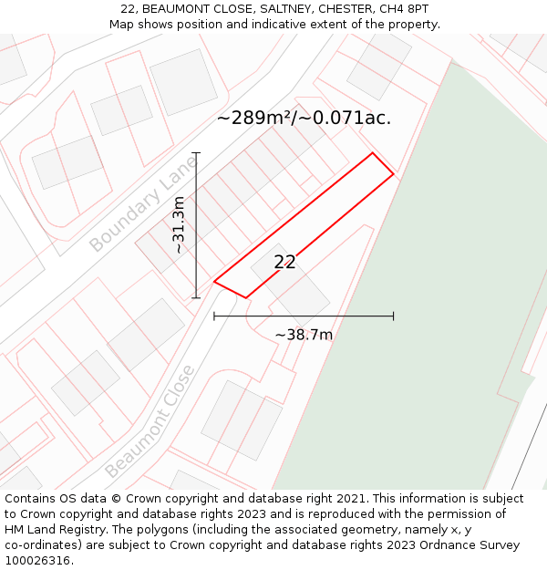 22, BEAUMONT CLOSE, SALTNEY, CHESTER, CH4 8PT: Plot and title map