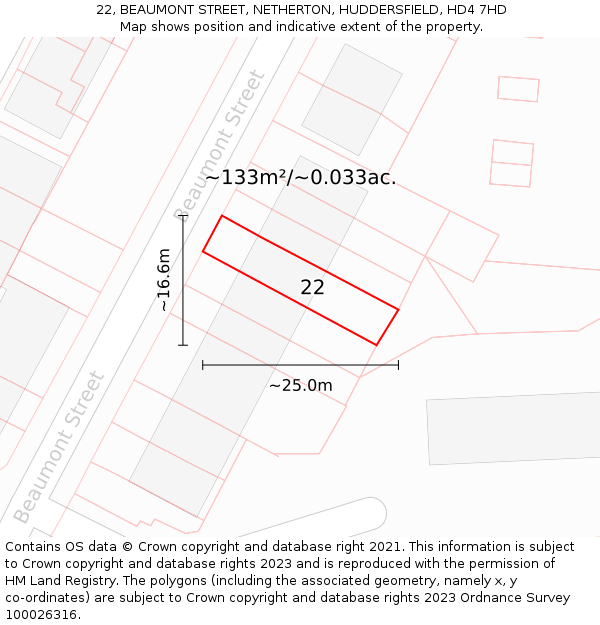 22, BEAUMONT STREET, NETHERTON, HUDDERSFIELD, HD4 7HD: Plot and title map