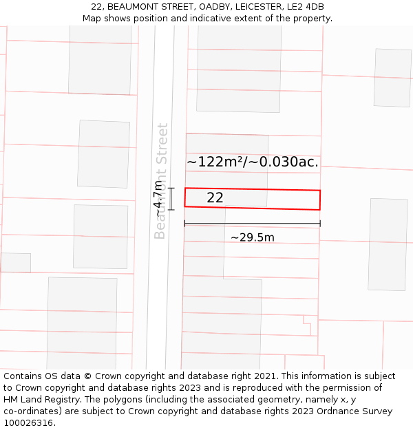 22, BEAUMONT STREET, OADBY, LEICESTER, LE2 4DB: Plot and title map