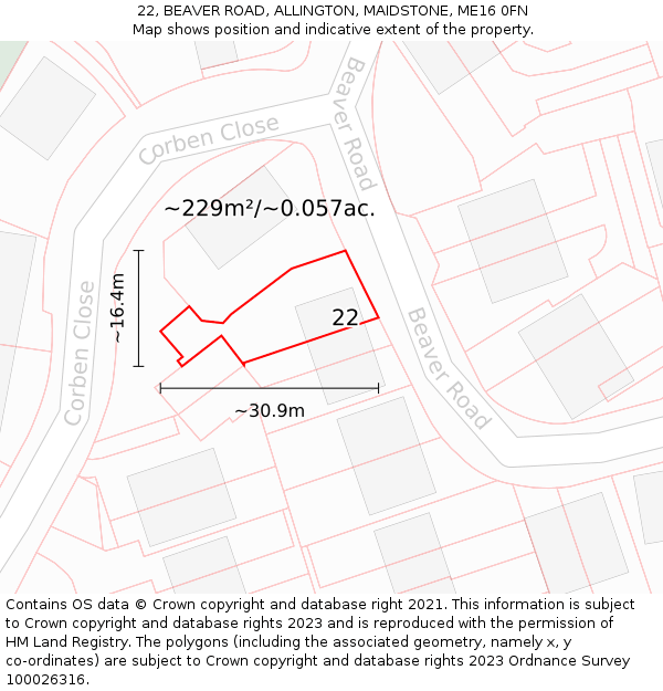 22, BEAVER ROAD, ALLINGTON, MAIDSTONE, ME16 0FN: Plot and title map