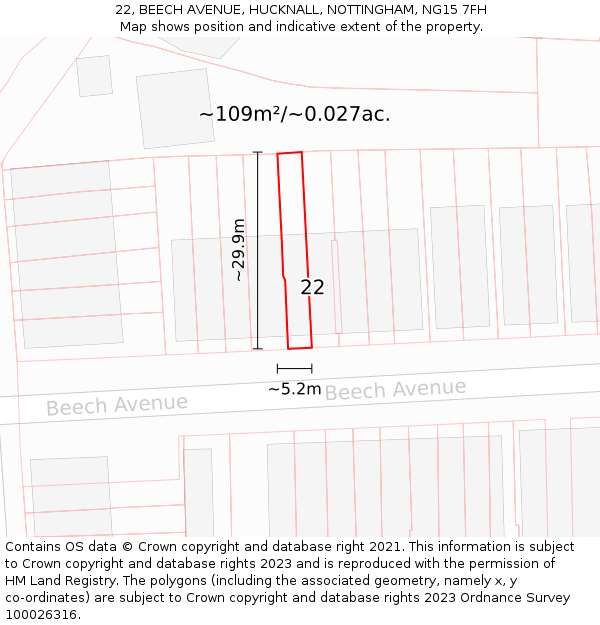 22, BEECH AVENUE, HUCKNALL, NOTTINGHAM, NG15 7FH: Plot and title map