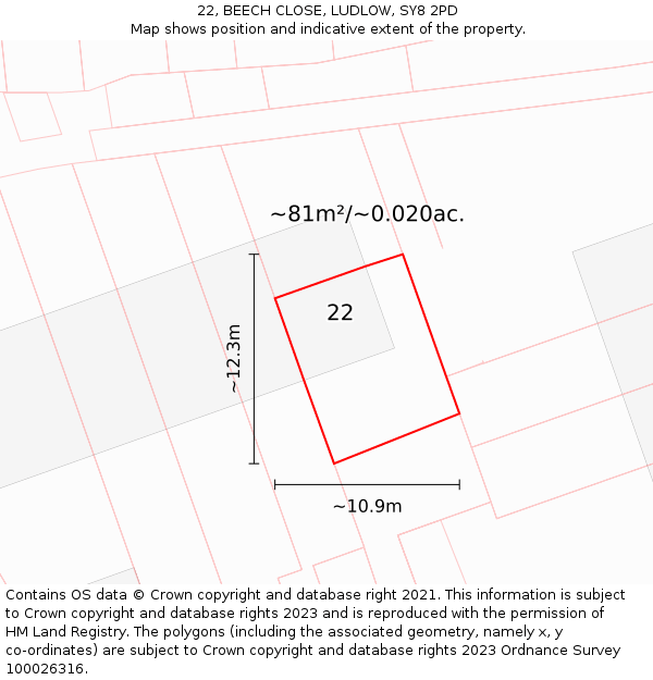 22, BEECH CLOSE, LUDLOW, SY8 2PD: Plot and title map