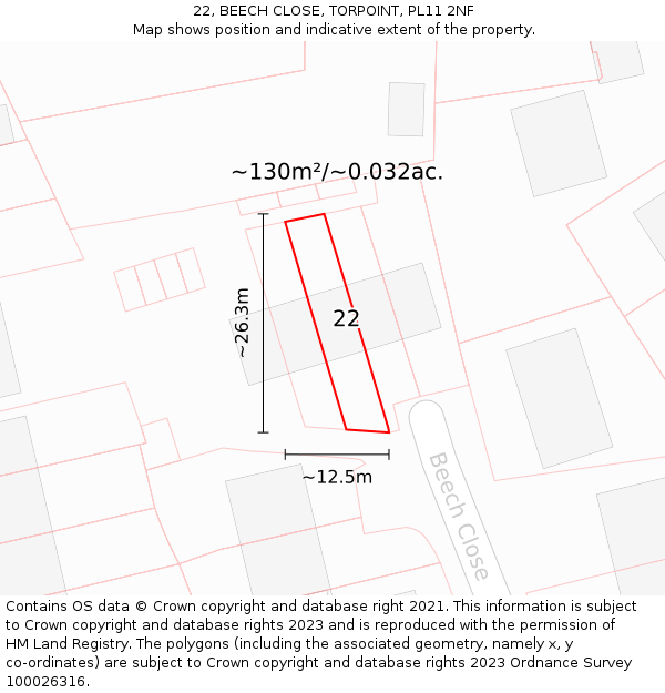 22, BEECH CLOSE, TORPOINT, PL11 2NF: Plot and title map