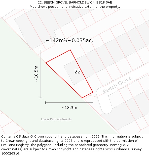 22, BEECH GROVE, BARNOLDSWICK, BB18 6AE: Plot and title map
