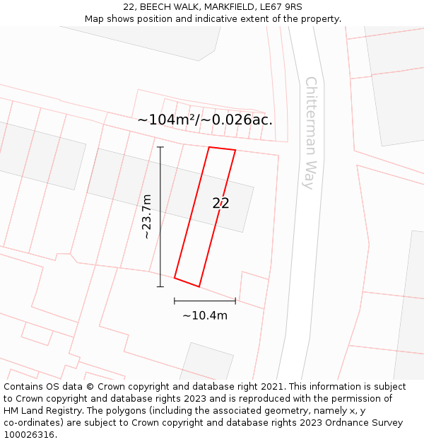 22, BEECH WALK, MARKFIELD, LE67 9RS: Plot and title map