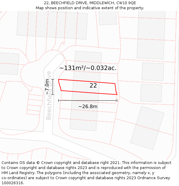 22, BEECHFIELD DRIVE, MIDDLEWICH, CW10 9QE: Plot and title map