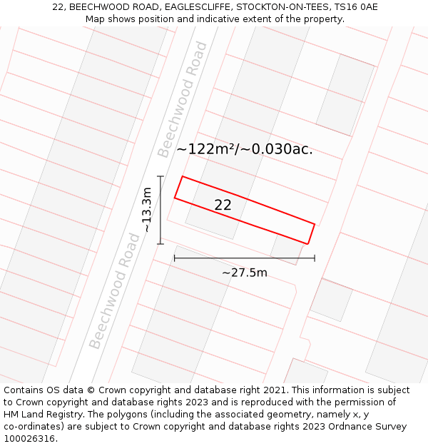 22, BEECHWOOD ROAD, EAGLESCLIFFE, STOCKTON-ON-TEES, TS16 0AE: Plot and title map
