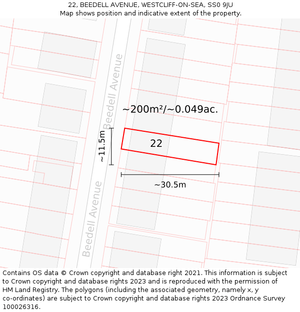22, BEEDELL AVENUE, WESTCLIFF-ON-SEA, SS0 9JU: Plot and title map