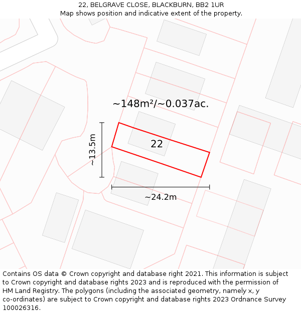 22, BELGRAVE CLOSE, BLACKBURN, BB2 1UR: Plot and title map