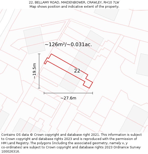 22, BELLAMY ROAD, MAIDENBOWER, CRAWLEY, RH10 7LW: Plot and title map