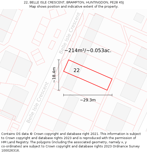 22, BELLE ISLE CRESCENT, BRAMPTON, HUNTINGDON, PE28 4SJ: Plot and title map
