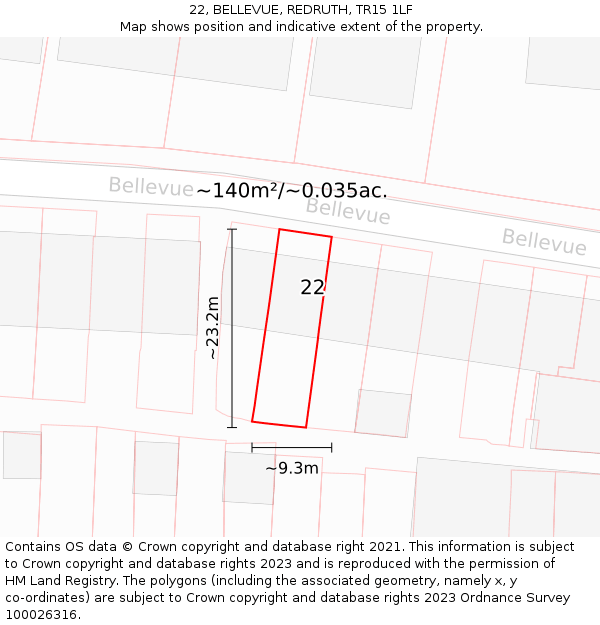 22, BELLEVUE, REDRUTH, TR15 1LF: Plot and title map