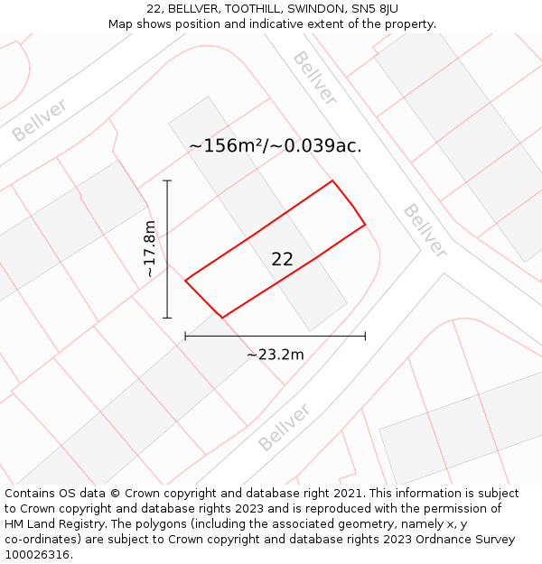 22, BELLVER, TOOTHILL, SWINDON, SN5 8JU: Plot and title map