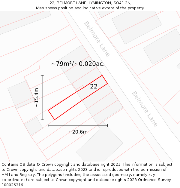 22, BELMORE LANE, LYMINGTON, SO41 3NJ: Plot and title map