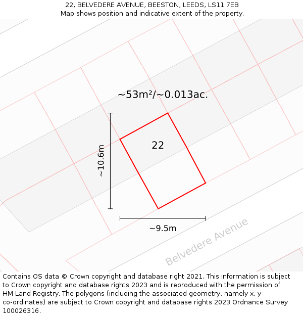22, BELVEDERE AVENUE, BEESTON, LEEDS, LS11 7EB: Plot and title map
