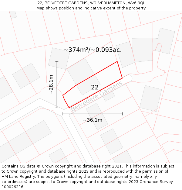 22, BELVEDERE GARDENS, WOLVERHAMPTON, WV6 9QL: Plot and title map