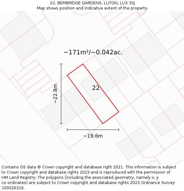 22, BEMBRIDGE GARDENS, LUTON, LU3 3SJ: Plot and title map