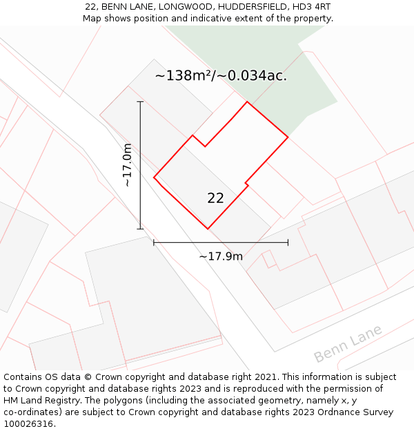 22, BENN LANE, LONGWOOD, HUDDERSFIELD, HD3 4RT: Plot and title map