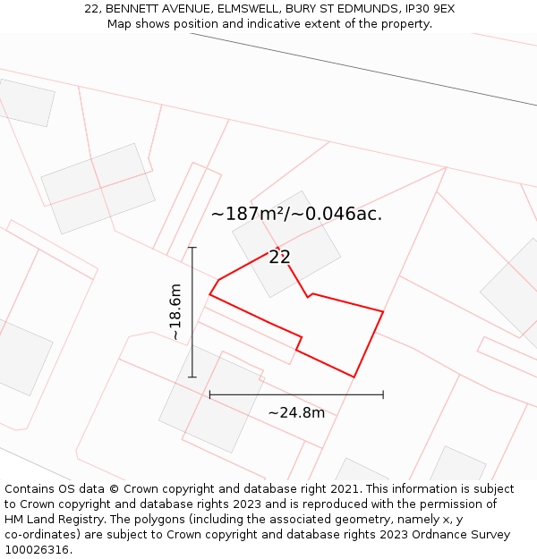 22, BENNETT AVENUE, ELMSWELL, BURY ST EDMUNDS, IP30 9EX: Plot and title map