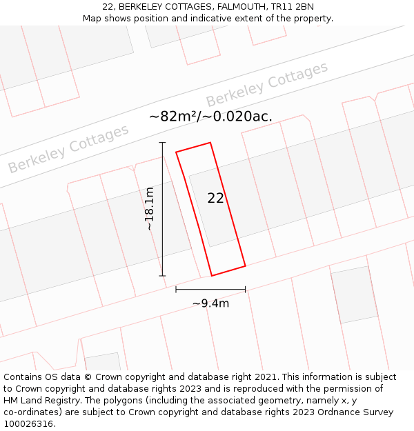 22, BERKELEY COTTAGES, FALMOUTH, TR11 2BN: Plot and title map