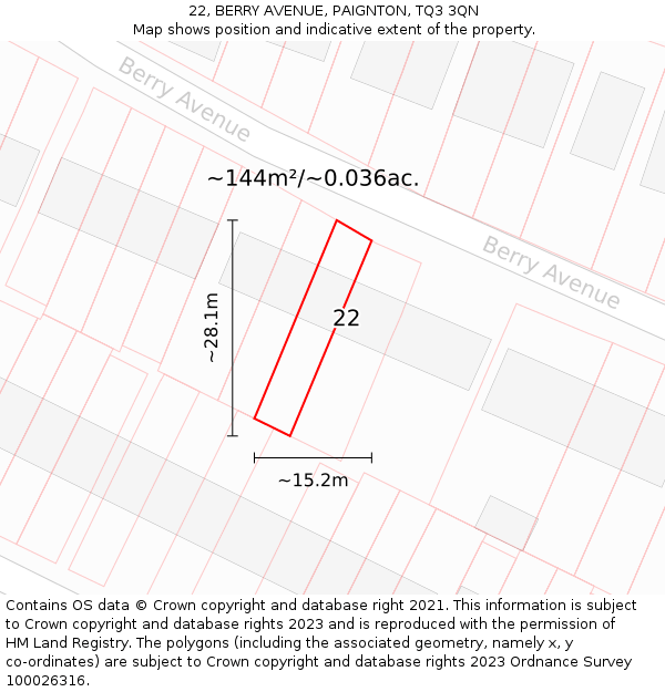 22, BERRY AVENUE, PAIGNTON, TQ3 3QN: Plot and title map