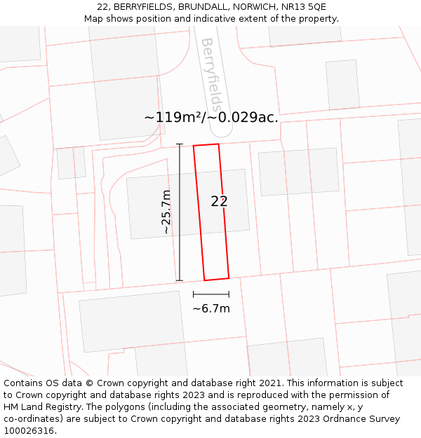 22, BERRYFIELDS, BRUNDALL, NORWICH, NR13 5QE: Plot and title map