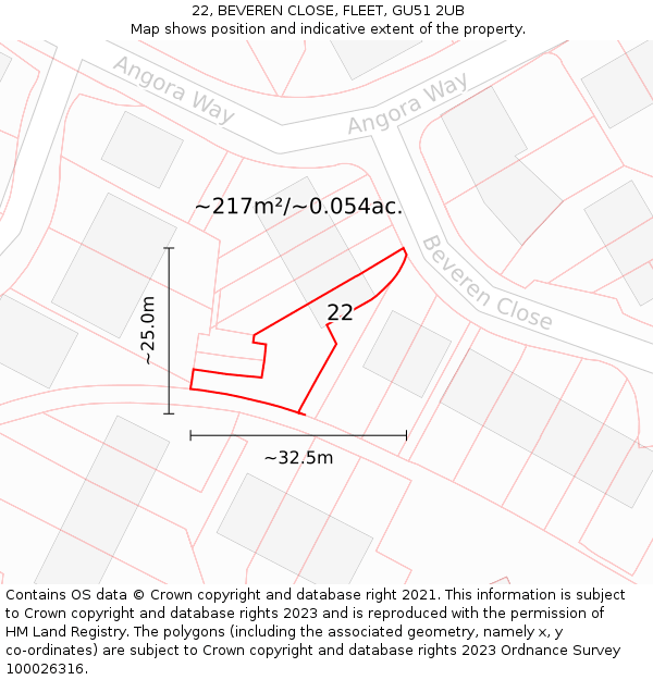 22, BEVEREN CLOSE, FLEET, GU51 2UB: Plot and title map