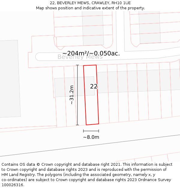 22, BEVERLEY MEWS, CRAWLEY, RH10 1UE: Plot and title map
