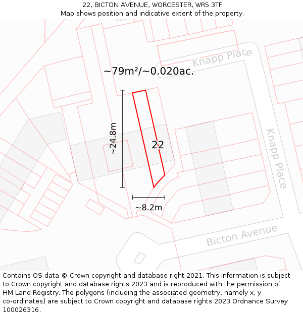 22, BICTON AVENUE, WORCESTER, WR5 3TF: Plot and title map
