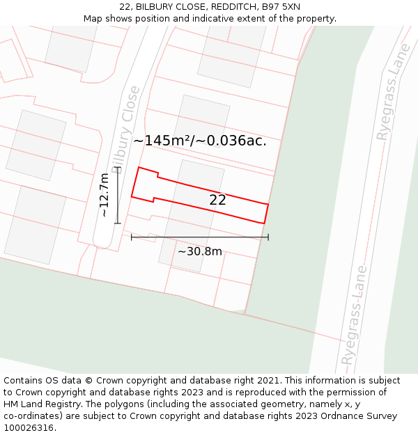 22, BILBURY CLOSE, REDDITCH, B97 5XN: Plot and title map