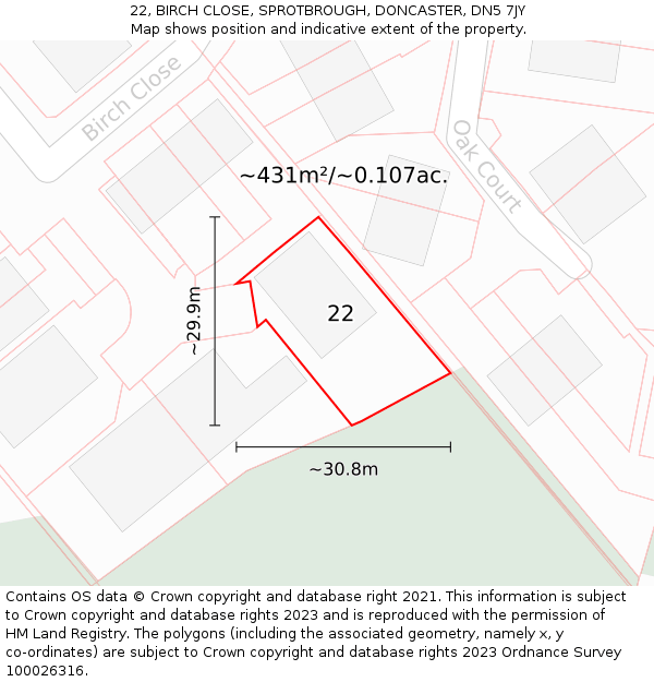 22, BIRCH CLOSE, SPROTBROUGH, DONCASTER, DN5 7JY: Plot and title map