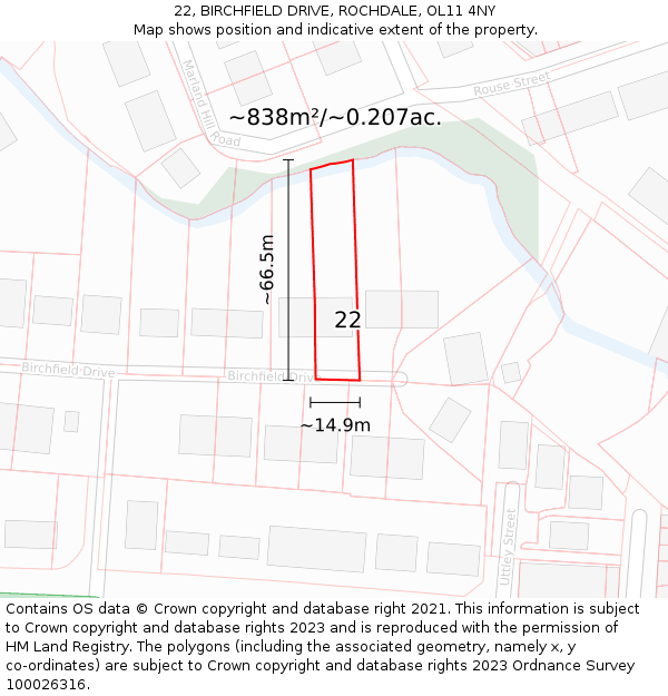 22, BIRCHFIELD DRIVE, ROCHDALE, OL11 4NY: Plot and title map