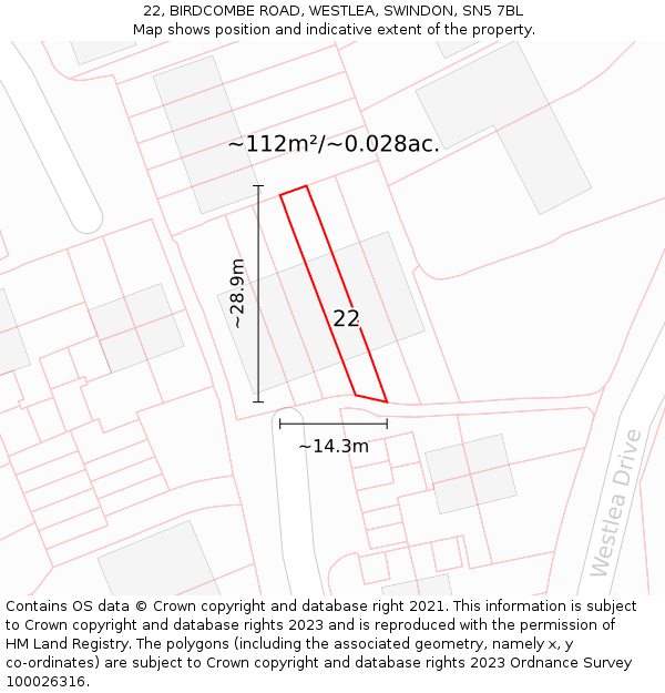 22, BIRDCOMBE ROAD, WESTLEA, SWINDON, SN5 7BL: Plot and title map