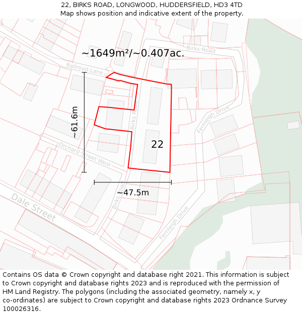 22, BIRKS ROAD, LONGWOOD, HUDDERSFIELD, HD3 4TD: Plot and title map
