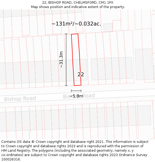 22, BISHOP ROAD, CHELMSFORD, CM1 1PX: Plot and title map