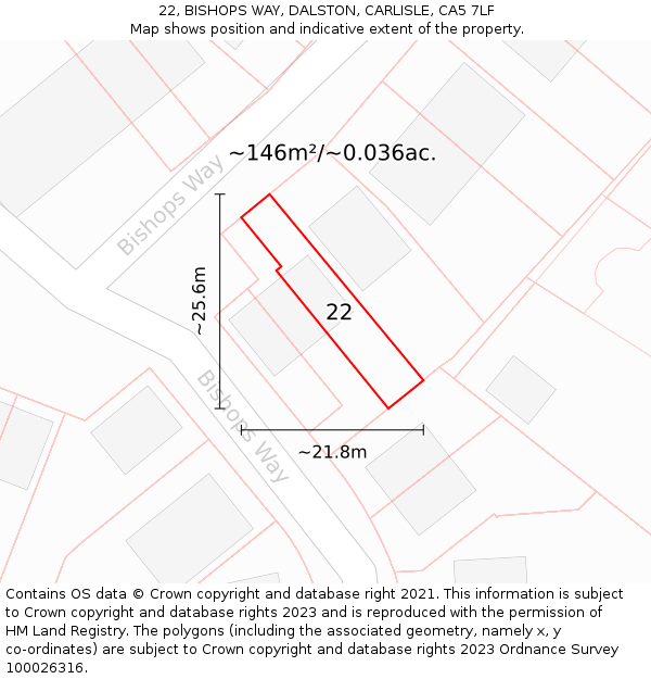 22, BISHOPS WAY, DALSTON, CARLISLE, CA5 7LF: Plot and title map