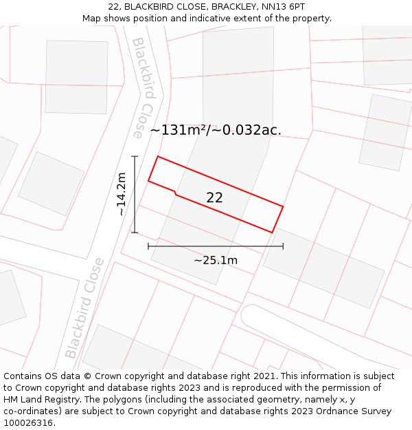 22, BLACKBIRD CLOSE, BRACKLEY, NN13 6PT: Plot and title map