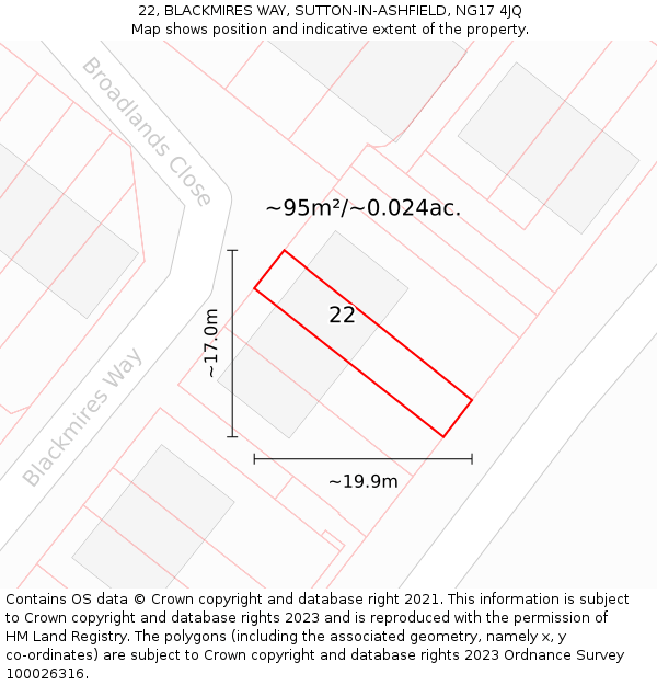 22, BLACKMIRES WAY, SUTTON-IN-ASHFIELD, NG17 4JQ: Plot and title map