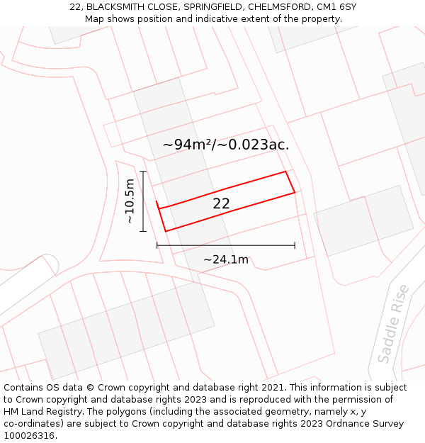 22, BLACKSMITH CLOSE, SPRINGFIELD, CHELMSFORD, CM1 6SY: Plot and title map
