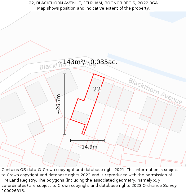 22, BLACKTHORN AVENUE, FELPHAM, BOGNOR REGIS, PO22 8GA: Plot and title map