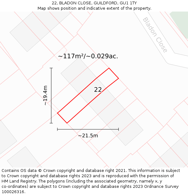 22, BLADON CLOSE, GUILDFORD, GU1 1TY: Plot and title map