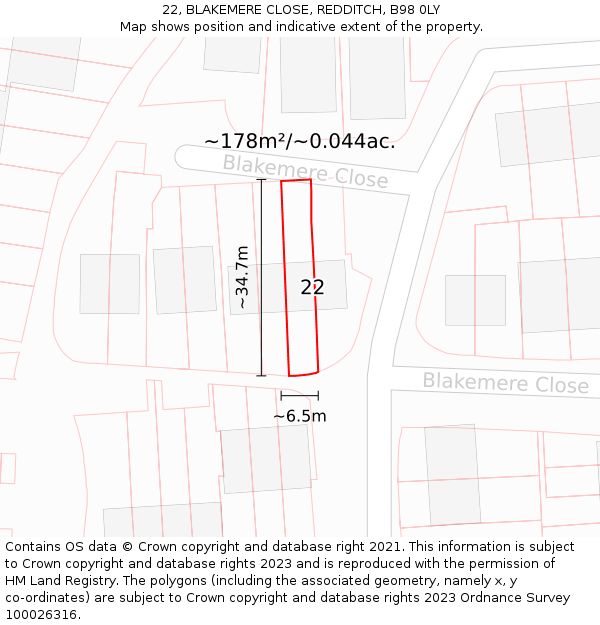 22, BLAKEMERE CLOSE, REDDITCH, B98 0LY: Plot and title map