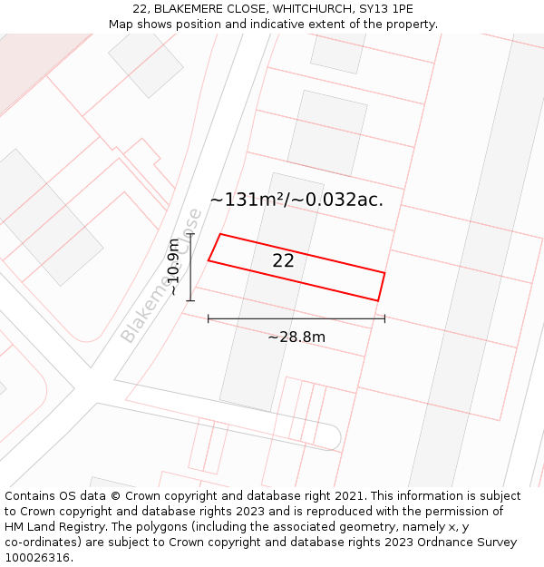 22, BLAKEMERE CLOSE, WHITCHURCH, SY13 1PE: Plot and title map