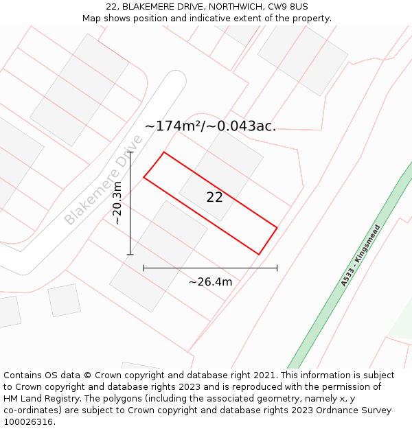 22, BLAKEMERE DRIVE, NORTHWICH, CW9 8US: Plot and title map