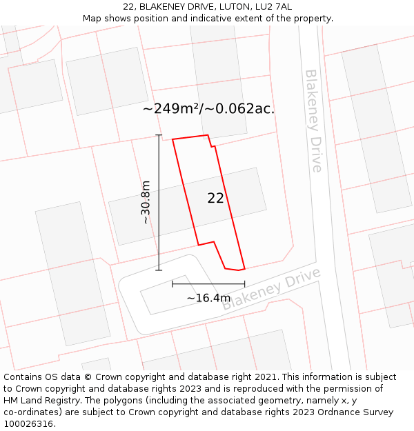 22, BLAKENEY DRIVE, LUTON, LU2 7AL: Plot and title map