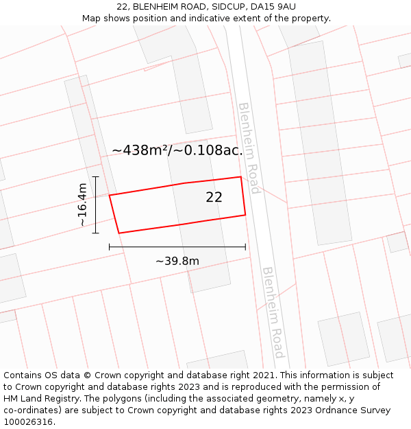22, BLENHEIM ROAD, SIDCUP, DA15 9AU: Plot and title map