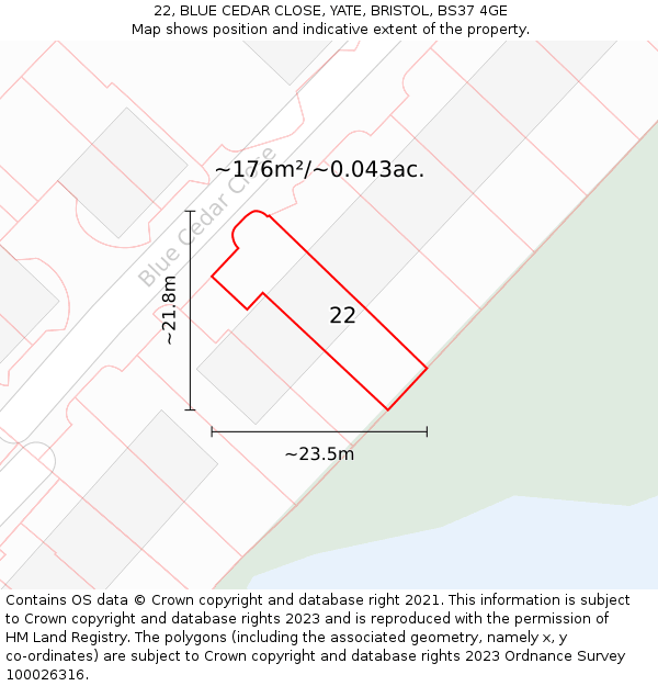 22, BLUE CEDAR CLOSE, YATE, BRISTOL, BS37 4GE: Plot and title map